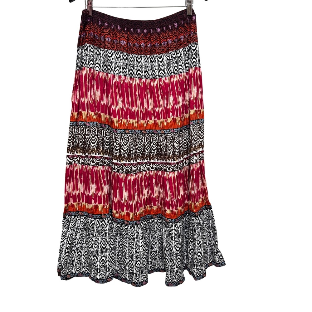 Elementz Women Boho Hippie Tiered Maxi Skirt L Multicolor Ikat Tribal Peasant